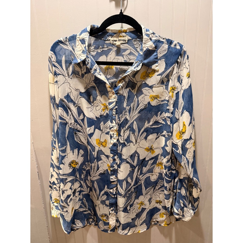 Hope Springs Blue White Yellow Floral Button Down Blouse Long Sleeve Medium